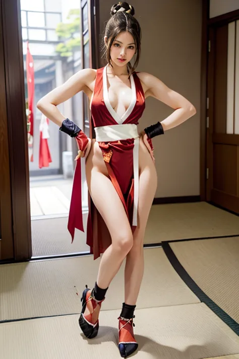 mai shiranui, (Full body:1.6), (black satin tabi:1.3), (wearing fitted black tabi:1.5), (Photo realistic:1.2), (masterpiece:1.2), (Best Quality), (ultra-detailed), (8K, 4K, Convoluted), (Flat Lighting:1.2), (skinny), Prestige, Brown eyes, Long brown hair, ...