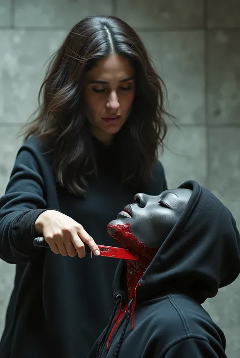 Realistic, A Very beautiful woman, woman very thick hair, boy hoodie, woman kill boy, woman very big breast, woman slaughters boy neck like a lamb, boy neck is flowing with blood, woman knife, boy dead, boy full face mask