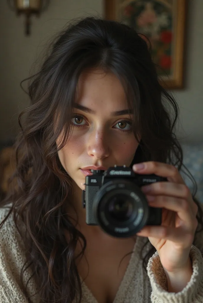 Russian girl who is  taking a selfie on her room and is black hair and black eyes