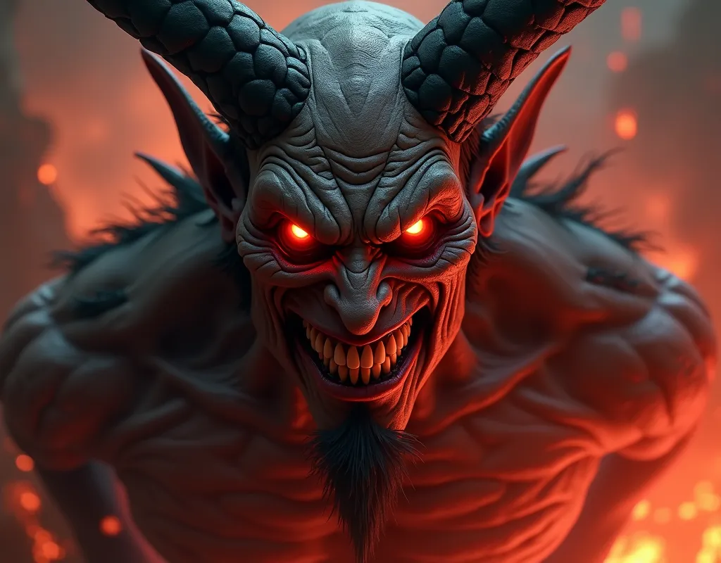 A close-up of the face of Satan, with a sinister smile and red eyes that glow in the dark.  Behind it , a hellish landscape full of flames and suffering. Hyperrealistic details and a terrifying environment.