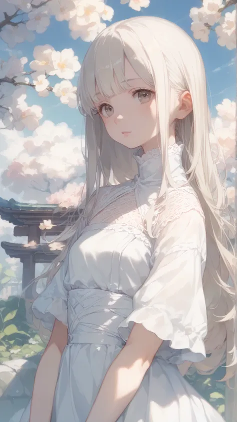 PERFECT ANATOMY, Japanese girls , Alone、one girl、少し短い首:1.7, Albino Skin, Gray Hair, straight long hair , light brown eyes, high neck lace fabric, white clothes, artistic.