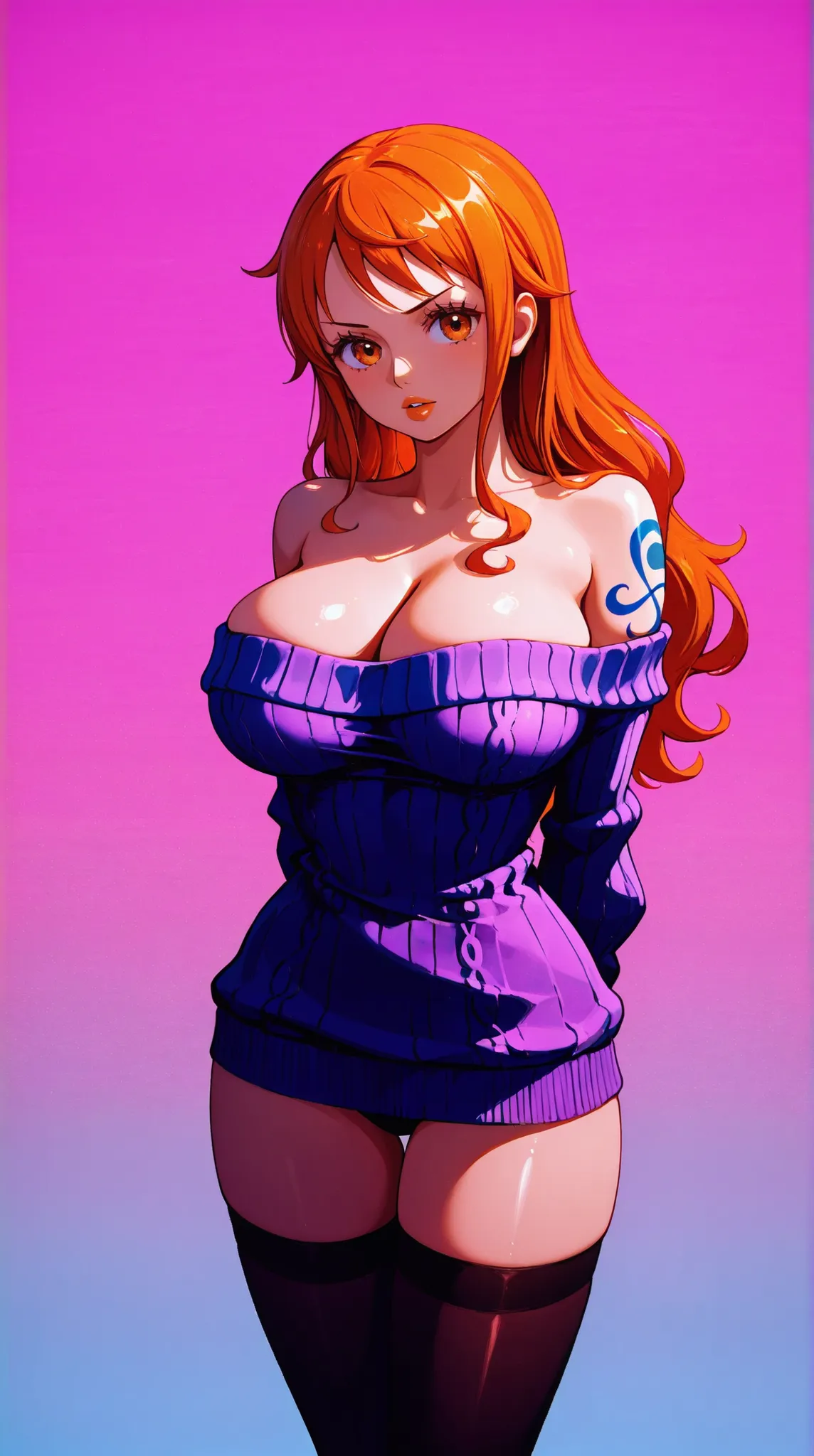 Oil paint.brushes strokes. SYNTHWAVE STYLE DESIGN VIBRANT COLORS. Big breasts , cleavage, round breast, young asian girl. off the shoulder sweater, panties, with long orange hair, orange eyes, Full lips.Solid color background, arms behind back, Nami, One P...