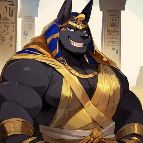 anubis, furry, handsome, very muscular, very big, extremely hot and sexy, beard, hair, chest hair, charming eyes, solo, male, happy expression, daddy, full body, big body, golden clothes, ancient egypt, middle aged, by hyaku, by darkgem, by glitter trap bo...