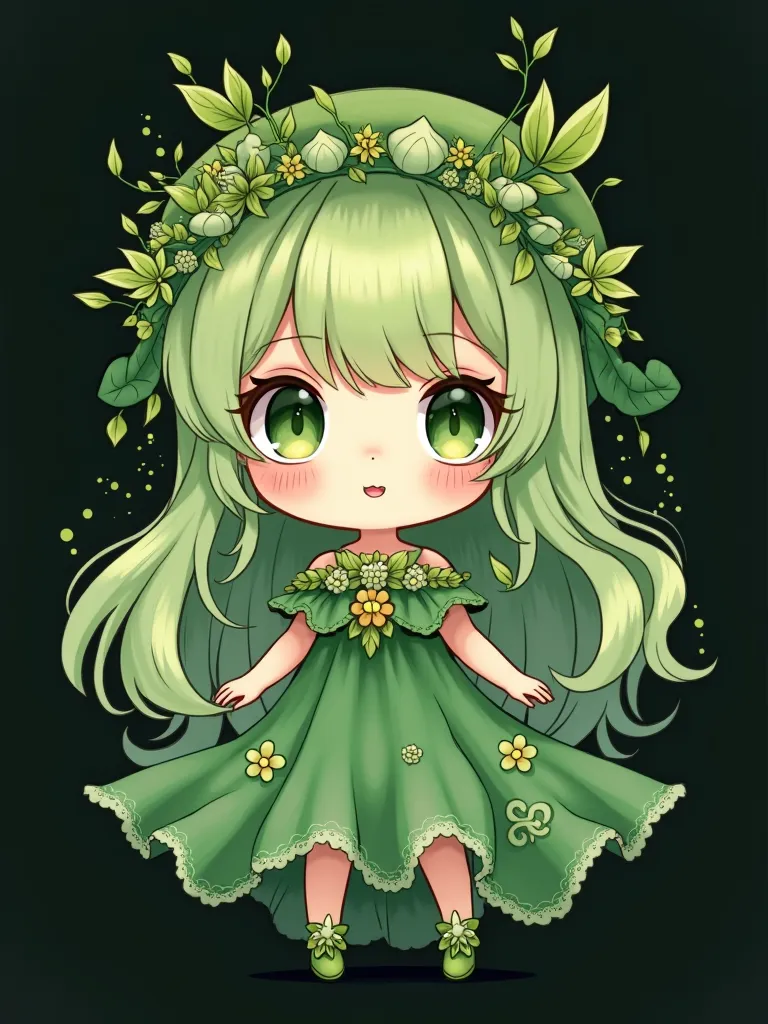 black background、long green hair、Deep green eyes、 green dress、Create chibi character style illustrations、anime style