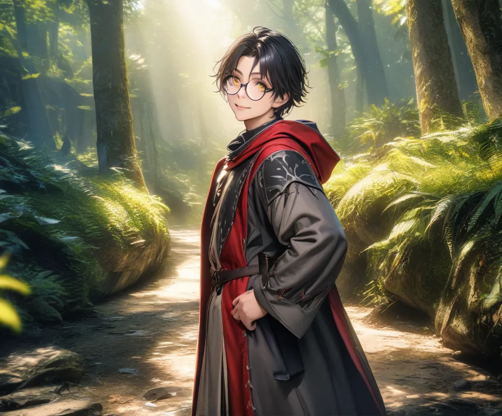 1 boy, male, short black hair, Round glasses, medieval mage clothes, red details, book, floresta no fundo, UHD, HDR, looking at the viewer, Little smi1 young male, short black hair, round glasses, wearing medieval mage robes with red details, holding a boo...