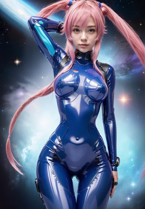 anime girl in bright blue costume posing in space with pink hair,  cybersuit , Oppai cyberpunk,  Perfect cyborg anime woman  , chiffon Yuno in zero suit,  Zenkai full body ! Asuka Costume, portrait of an anime space cadet , cybersuit,  cybernetic goddess i...