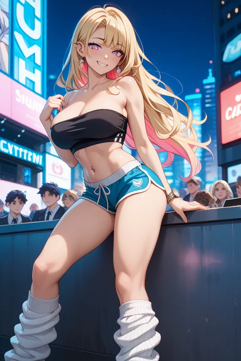 girl, fit girl, KJOmarin, blonde hair, long hair, pink eyes, earrings, ear piercings, multicolored hair, score_9, score_8_up, score_7_up,  source_anime, masterpiece,best quality, Big Breasts, fancy fix,black tube top, White Dolphin Shorts, belly button, wa...