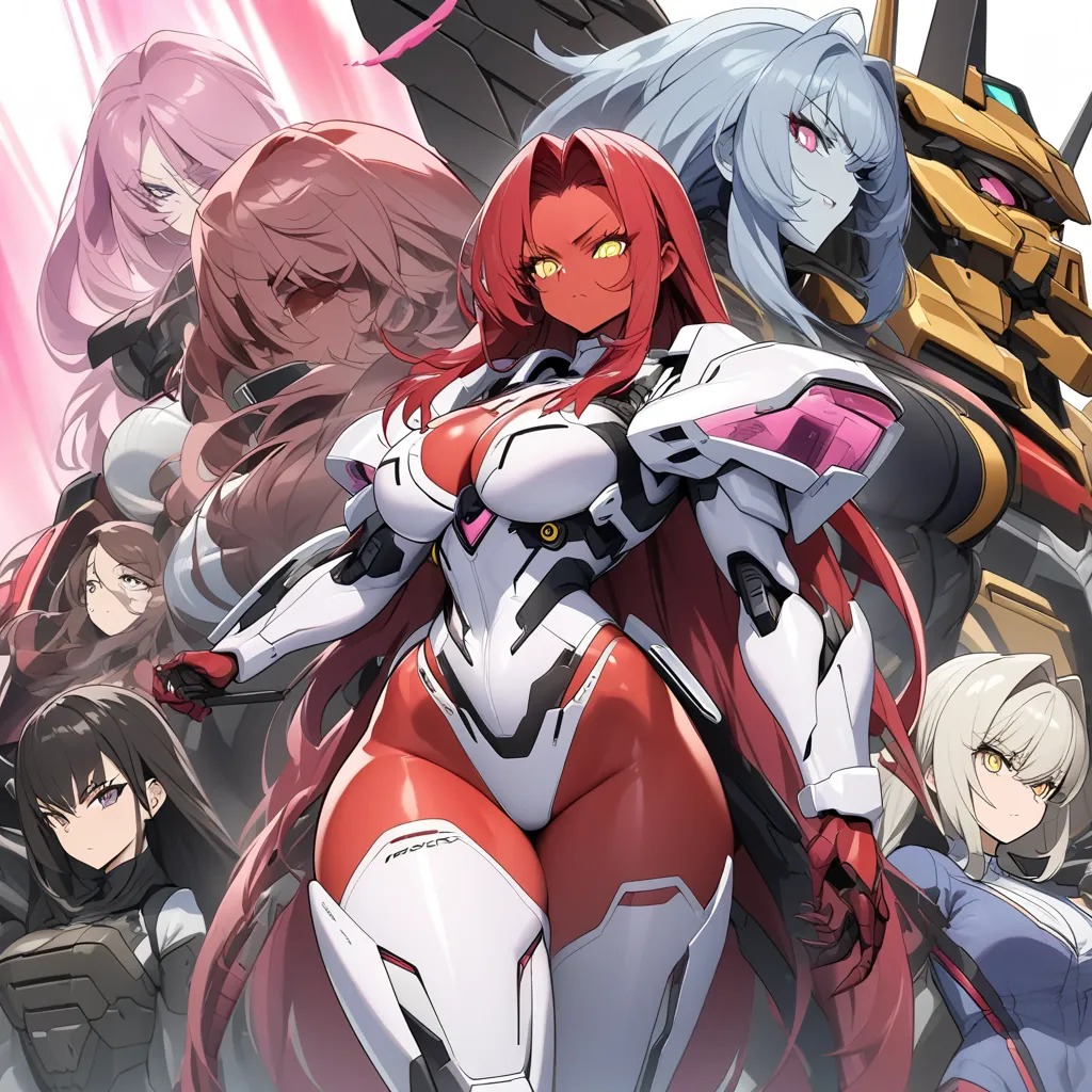 Anime, high detailed, multiple womans, mature womans, mecha armor, large mechanical wings, "Automotive-like" details on their mecha armors, serious, large clawed Gauntlet, red skin, curvy body, long mechanical tail,pink sclera、Colored sclera、crimson Colore...