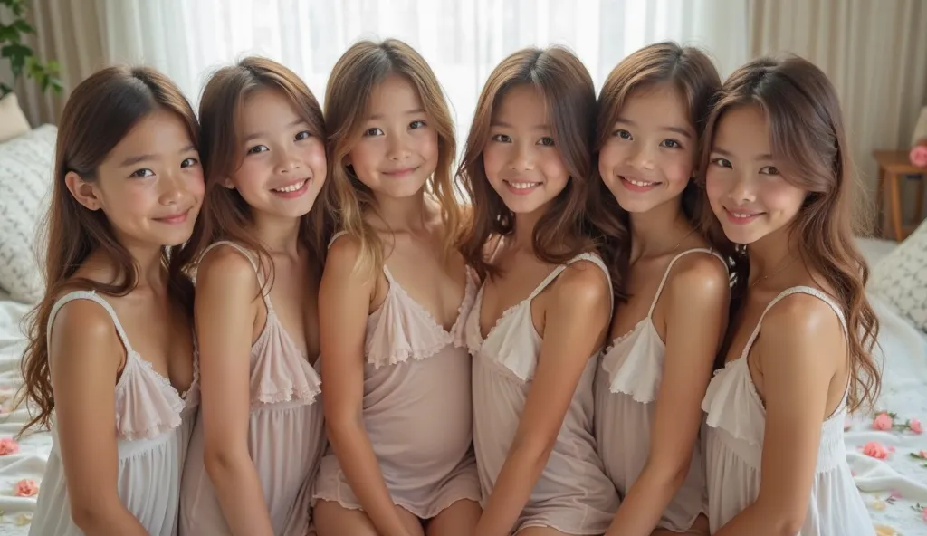 In the center of the image, six girls, probably pre-s or S, with light brown hair and developed breasts are seen. They are touching each other, facing the viewer. All six have similar facial features, light complexions, and friendly expressions. All are we...