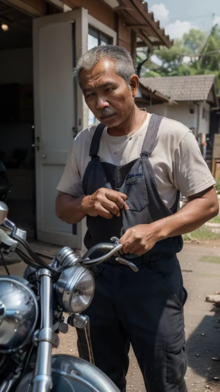 Make me a photo of a male mechanic over 50 years old. He is from Indonesia. He has slightly gray hair. He is repairing a motorbike in front of him, in a small outdoor workshop. Realistic. 4K