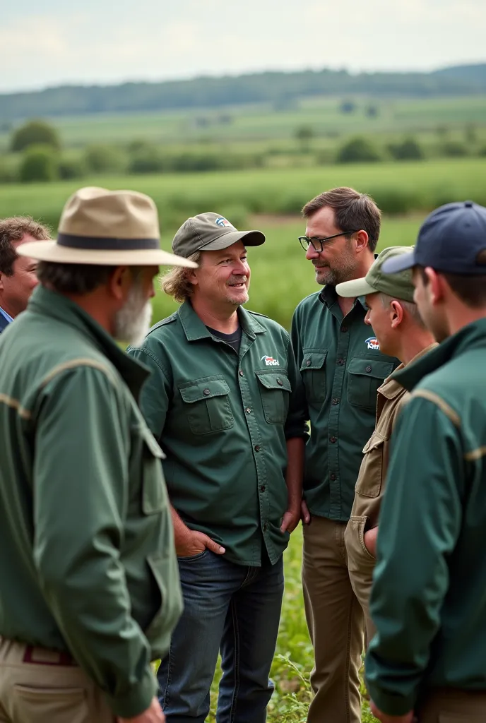 Create an image of a Standard Agrochemicals support team wearing uniforms with the company name on them, surrounded by a number of farmers.