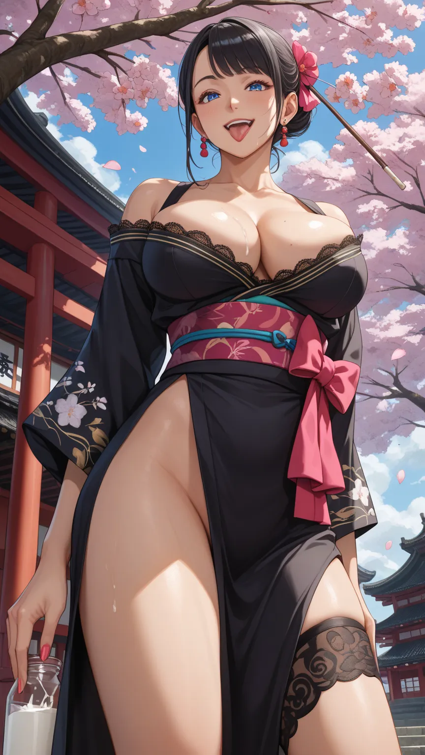 All ages edition、best image quality、anatomically accurate、low angle、Party at a Japanese park where cherry blossoms are in full bloom、 estrus、Black lace kimono、cowgirl、opens legs、Caressing her own boobs、is at its peak、semen has accumulated in her mouth、seme...