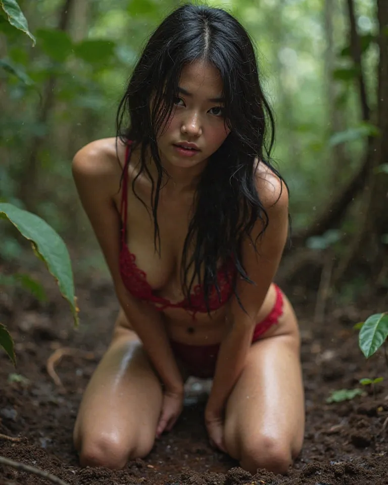 Thai Asian girl with long hair, long hair, beautiful girl wearing red lace lingerie is bending over, digging soil in forest, body wet, hot sweat