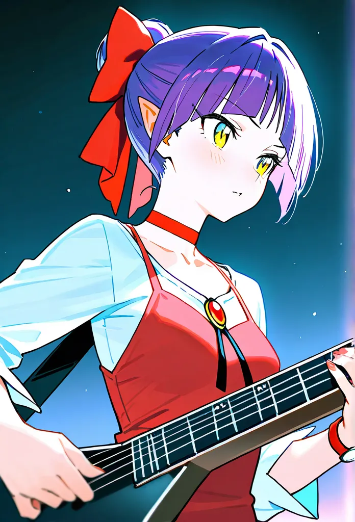 best quality,  perfect skin, Beautifully detailed eyes,detailed face,dynamic lighting,1 girl,watch viewers, NMM1,   Nekomusume  ,   Nekomusume   \( Guitar Gegege 6  \), 1 girl, purple hair, yellow eyes, Alone, red dress, Red Choker, hair bow, pointed ears,...