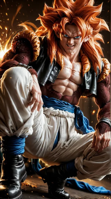 Ssj4 gojeta ,character with a muscular build, featuring spiky orange hair and a confident expression. The character has maroom fur skin  and is wearing a black top with a yellow fur-like collar. The outfit includes white baggy pants tied with a blue sash, ...