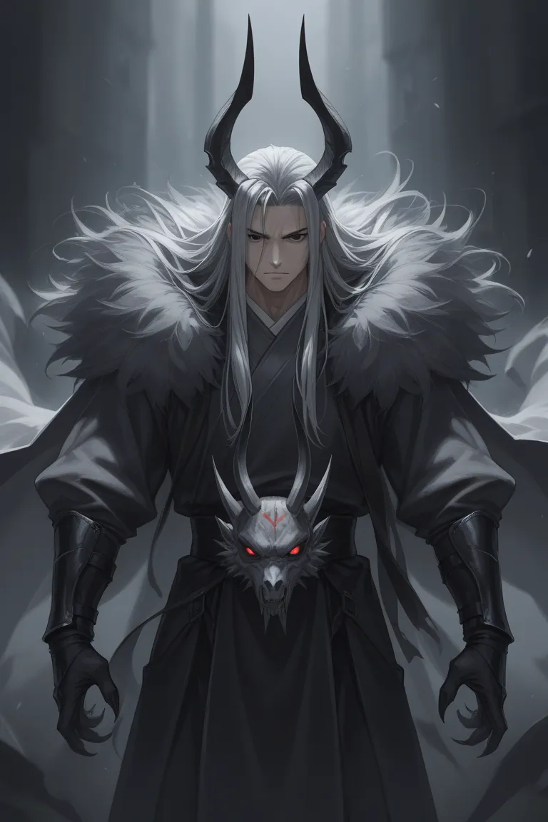 Handsome man, long gray hair, horns on his head, claws, black eyes