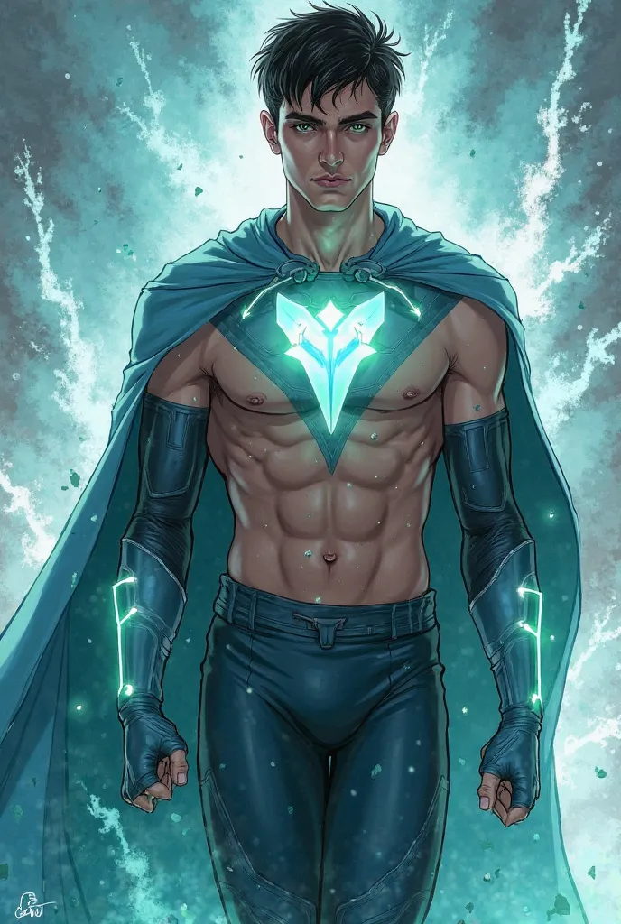 Short black haired white male with clear green eyes. He is a superhero that has the ability to manipulate air and sound, fly and become invisible. He is in his early thirties. He is very handsome, with a lean yet muscular body. His hero name is Zephyr. He ...