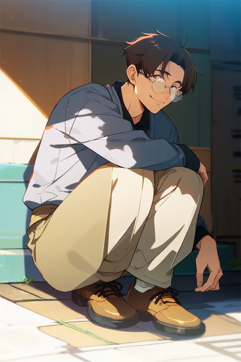 a man with round glasses, brown hair with wavy center-parted bangs. face looks friendly, small smile not too wide. full body. anime.