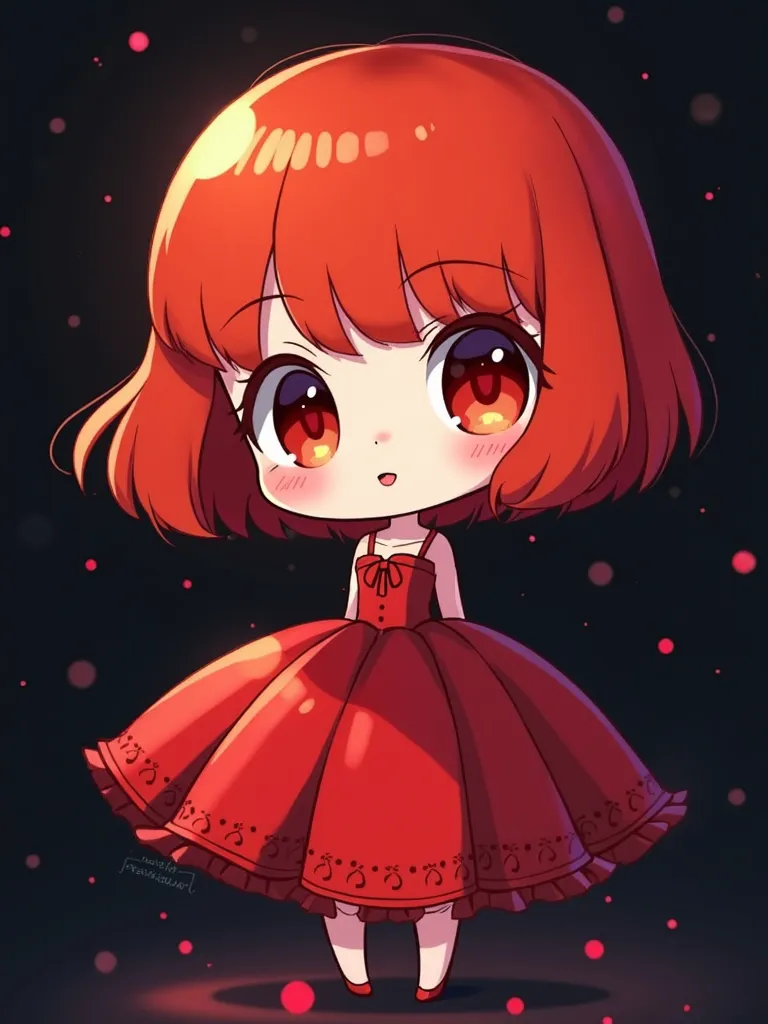 black background、red bob hair 、Red Eyes、red balloon skirt、Create chibi character style illustrations、anime style