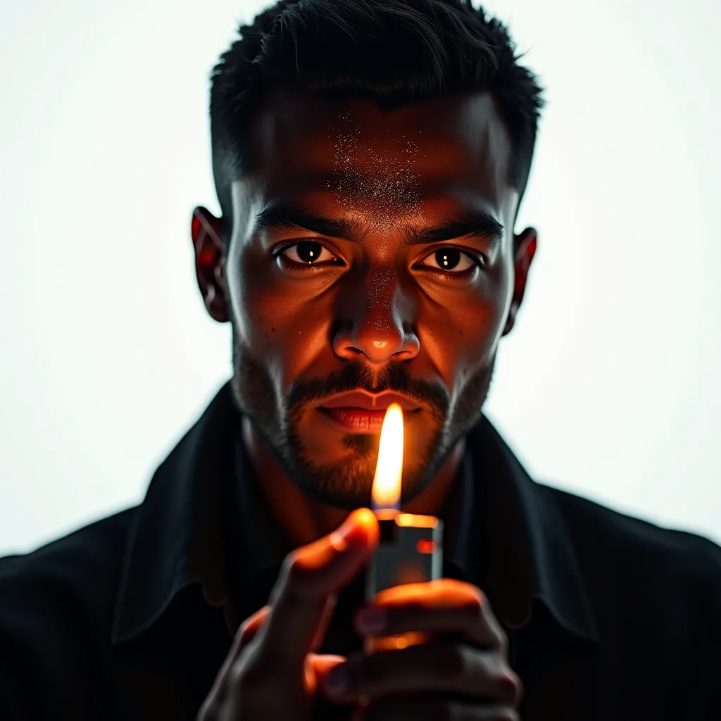 man with some glitter on his face brown skin holding a burning lighter and white background
