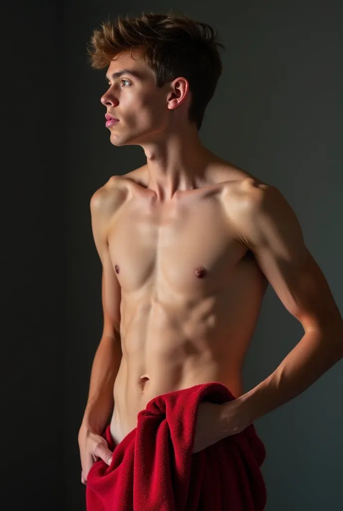 in the image a 19-year-old boy, beautiful, strongly excited completely naked naked showing his naked body.He's holding a red towel and covering his private parts, showing visibly showing off his waxed pelvis..Imagem HD 18080px CENÁRIO QUARTO COM BOA ILUMIN...