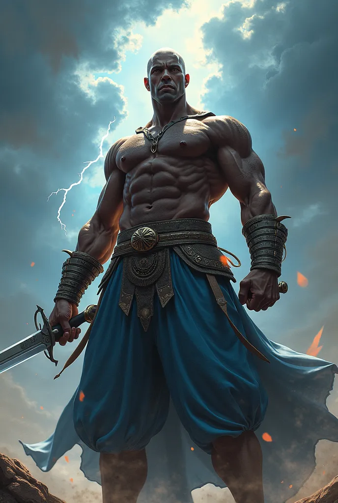 Ogum is an imposing warrior,  with a serious expression and a determined look . His skin is dark and scarred, he wears blue pants 

In one hand, holds a sharp and shiny sword, reflecting sunlight like lightning, symbol of his dominance over metallurgy.He m...