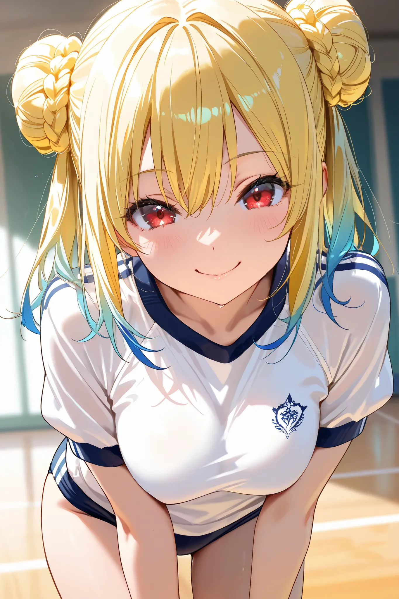 Masterpiece, best quality, beautiful girl, lemon yellow hair, blue tips, twin buns, red eyes, gym clothes, mischievous smile, medium breasts,