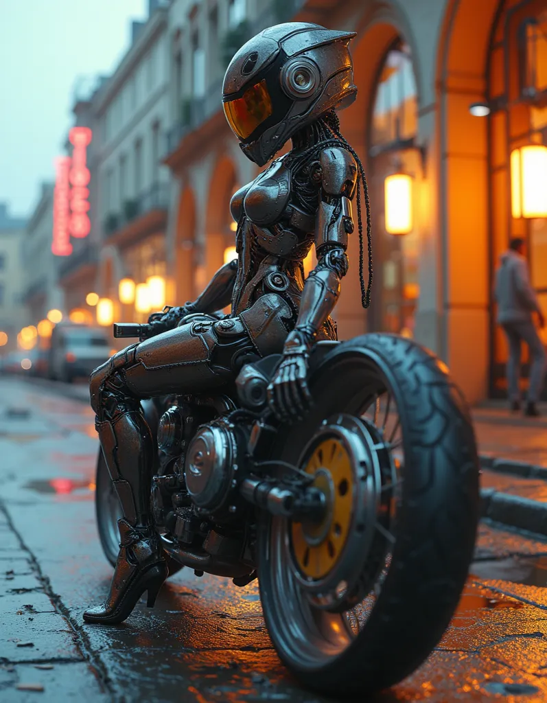 best quality, is absurd,  Masterpiece ,  beautiful, complex parts, complex parts:1.12,  Hyperdetail :1.15,  natural skin textures , hyperrealistic, Soft light, spicy:1.2, High-tech motorcycle, ( side view, half a turn :1.2), cyborg woman, dancing, jumping ...