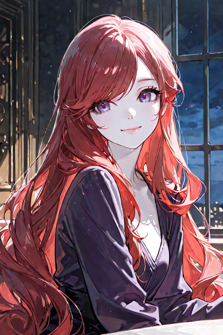 1girl, female, solo, very long_hair, ((smooth texture hair)) purple eyes, ((pale skin)), ((black eyelashes)), ((very long red_hair)), night view, upper_body, smile, indoors, bangs, purple_eyes, lips (( very long hair, swept bangs)), "very detailed and high...