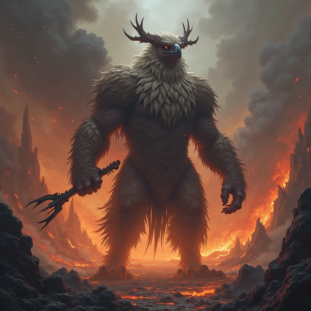 Demon with a vulture head and a human body without clothes, completely covered in fur. He has hooves and holds a trident in one hand and a whip in the other. He's in a volcanic place.