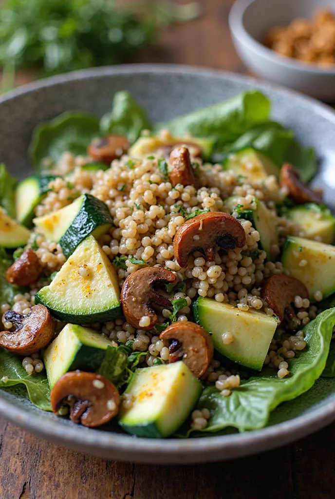 Chicory salad, zucchini in cubes , Farro and mushrooms
