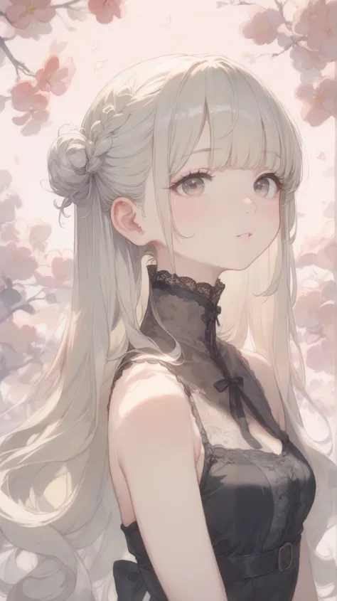 PERFECT ANATOMY, Japanese girls , Alone、one girl、少し短い首:1.7, Albino Skin, Gray Hair, straight long hair , light brown eyes, high neck lace fabric, black clothes, artistic lace pattern clothing、 light pink background