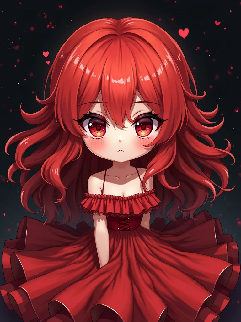 black background、Red Long Hair、Red Eyes、 red dress、Create chibi character style illustrations、anime style