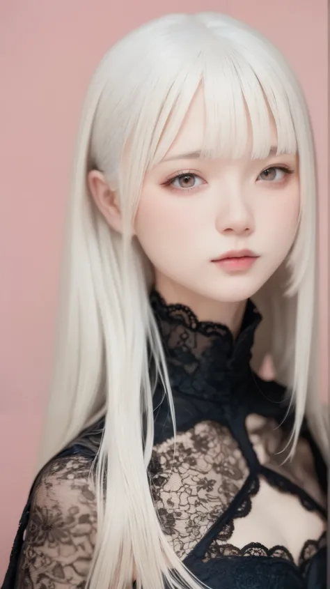 PERFECT ANATOMY, Japanese girls , Alone、one girl、少し短い首:1.7, Albino Skin, Gray Hair, straight long hair , light brown eyes, high neck lace fabric, black clothes, artistic lace pattern clothing、 light pink background