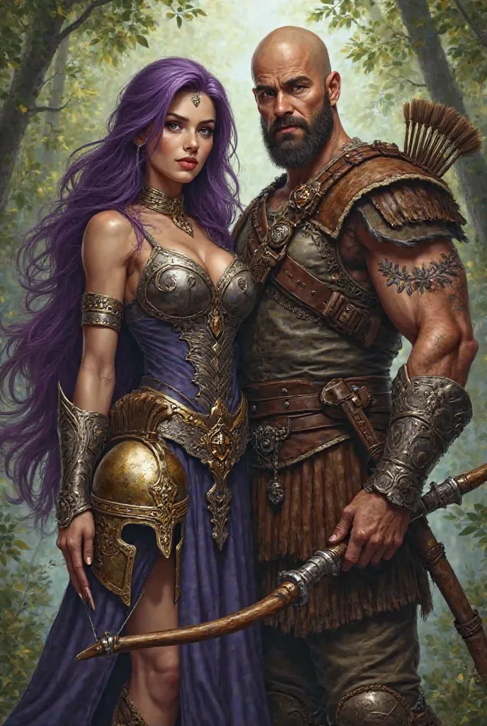 Legionnaire woman with long purple hair and brown eyes dress up in a dress with her legionnaire's helmet in her hand accompanied by her bald husband dress in a woodsman outfit with his bow in his hand