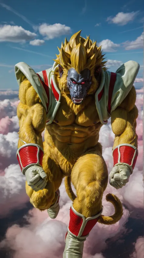 score_9, score_8_up, score_7_up, 1boy, solo, style of akira toriyama, (Oozaru, Furry, Yellow Fur, Primate, Red Eyes, Yellow Body, Tail, Anthro, muscular male, abs, pecs, clenched fists), looking at viewer, smile, closed mouth, narrowed eyes, flying, sky, c...
