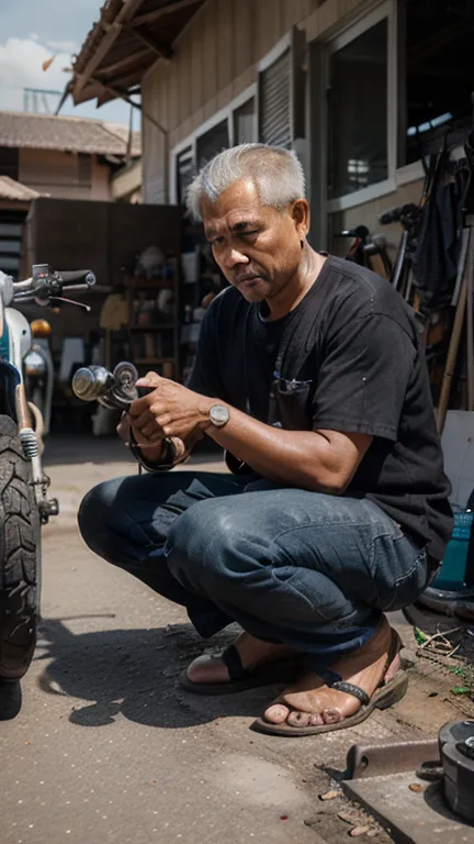 Make me a photo of a male mechanic over 50 years old. He is from Indonesia. He has slightly gray hair. He is repairing a motorbike in front of him, in a small outdoor workshop. His position is squatting to fix the motorbike engine. The atmosphere is very I...