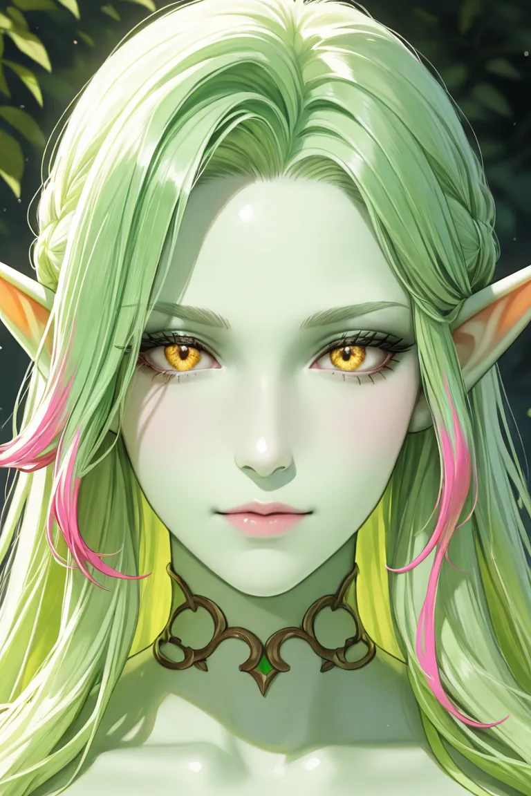 portrait, Solo, feMale, elf, pale green skin, long green hair with pink highlights , golden eyes, pale green skin 