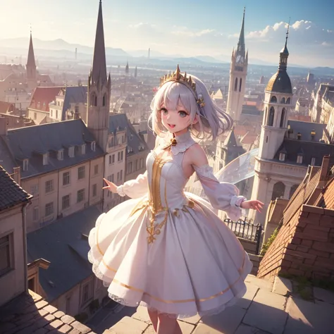 A cheerful and adorable young anime girl with big, sparkling eyes full of wonder and an infectious, radiant smile. Her short, fluffy white hair is slightly messy, giving her an innocent and playful charm. Her fair, translucent skin glows softly, almost lik...