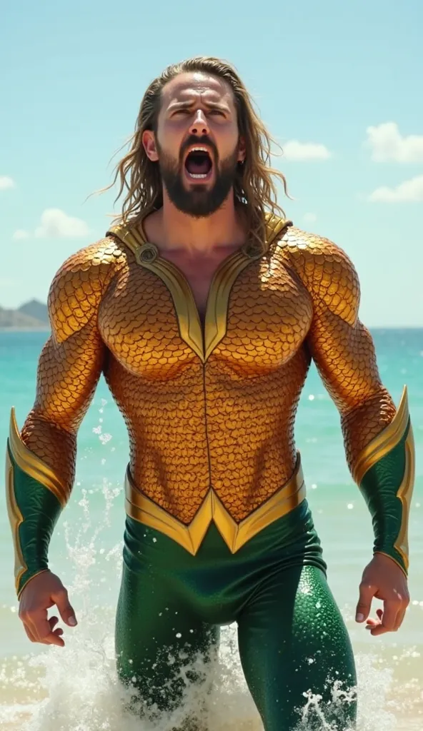 Aquaman is on the beach with a look of surprise, his eyes wide open and mouth agape in a shout or exclamation. He is wearing his golden and green suit, with the scale details shining in the sunlight. The calm sea and clear sky in the background create a se...