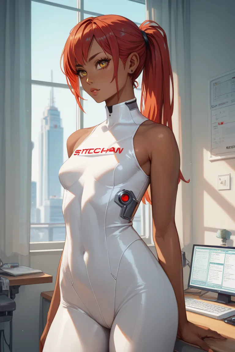 1 girl, long red ponytail hair, yellow eyes, dark skin, voluptuous, small breasts, white circuit board print highcut bodysuit, tech room