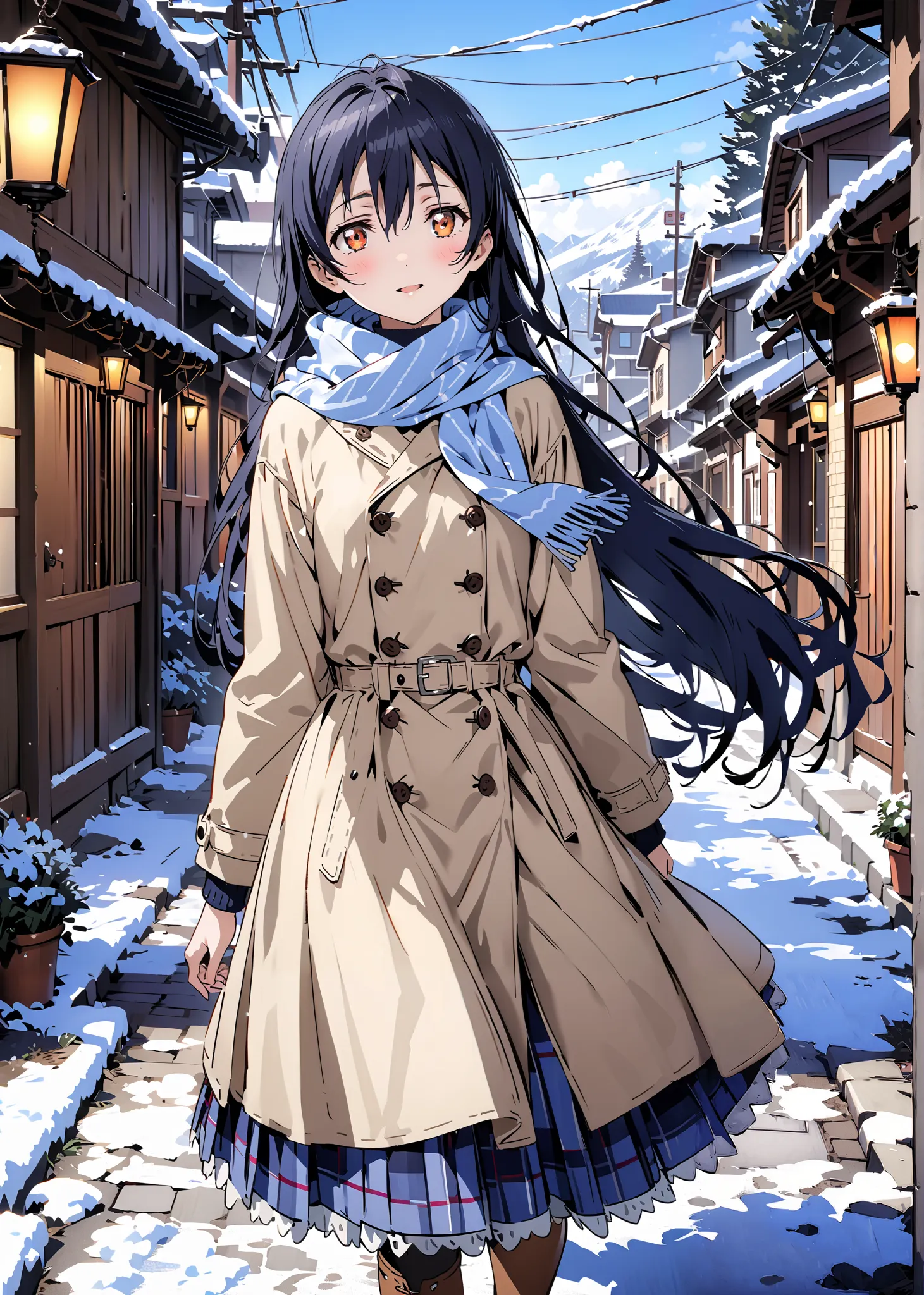 Sonoda Umi  , Alone,long hair, bungs, Between the eyebrows, brown eyes,  Lantern,smile,blush,open your mouth,half up do,Glasses,duffle coat,(sweater  :1.2),( turtleneck:1.2),blue scarf ,Long Skirt,boots,snow,morning,walking,full bodyがillustration for both ...