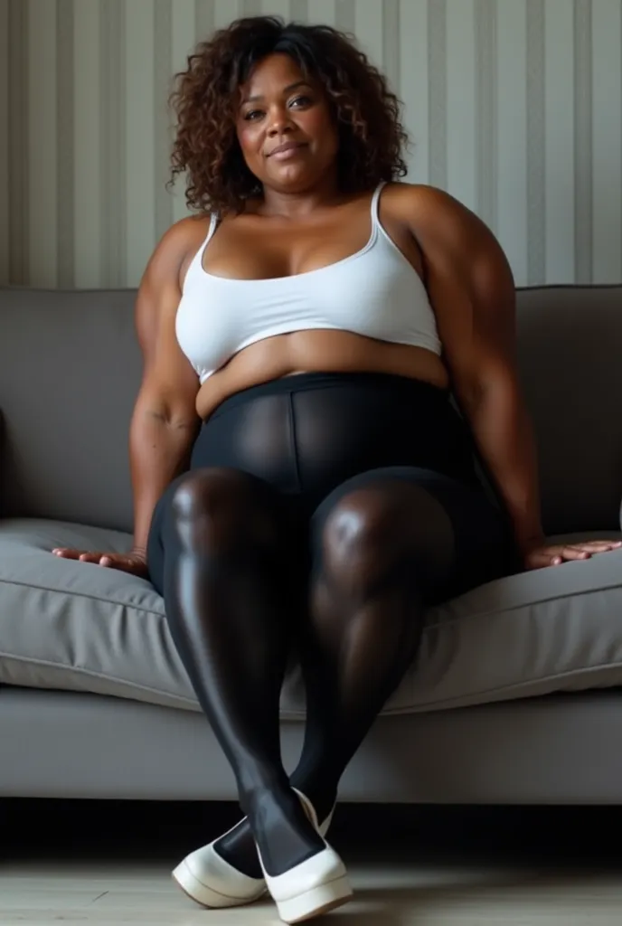 a plump Woman, mid-40s to late 50s, dark complexion, seated on a gray couch.  Casual, relaxed pose, legs bent, leaning slightly forward.  Wearing a form-fitting, white crop top, and shiny, opaque black, high-waisted, body-hugging stockings, accentuating he...