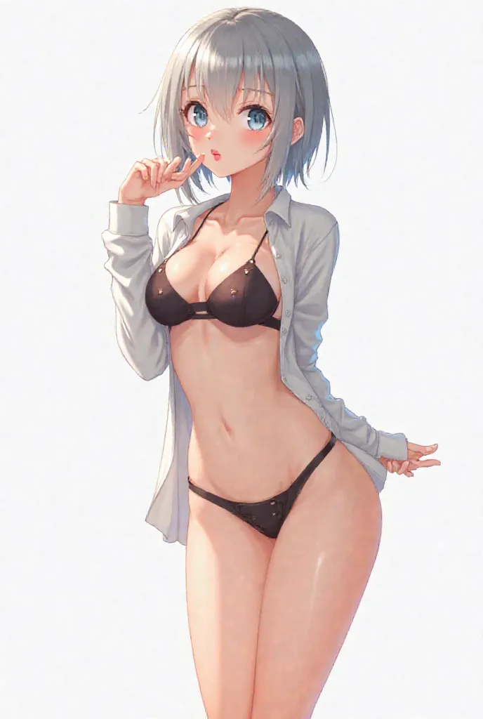 Beautiful anime girl, short gray hair, light blue eyes, busty but not exagerated, seductive, blowing a kiss, opened tshirt, bra, panties, perfect legs, white background