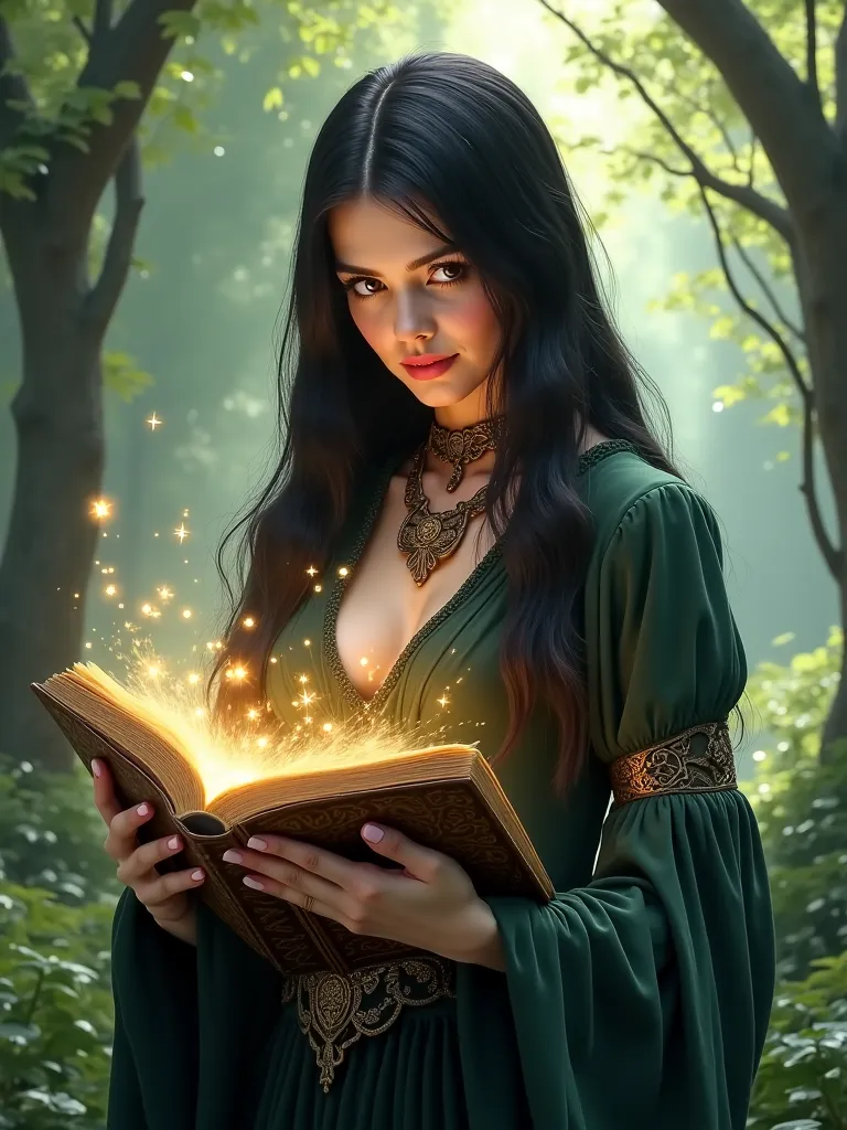 Beautiful Sorceress ..  his hair is smooth and black  ..  her white skin  ..  Making spells in the woods .  He holds a magic book in his hand 