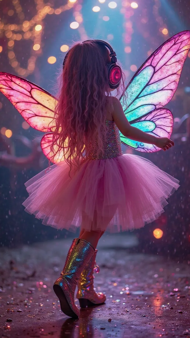 A charming little fairy with magenta purple turquoise long hair brown eyes. headphones on. 
In a tulle colorful sexy elegant party dress. Extremely colorful stockings glitter boots.  colorful wings. Dancing glitter disco light at a party 