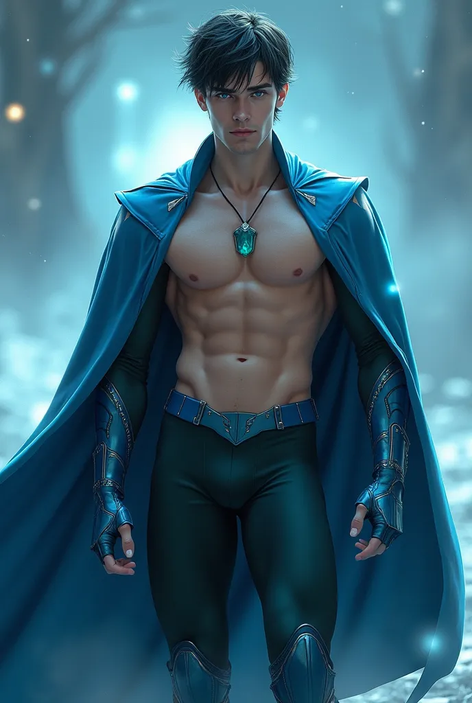 Short black haired white male with clear green eyes. He is a superhero that has the ability to manipulate air and sound, fly and become invisible. He is in his early thirties. He is very handsome, with a muscular body. His hero name is Zephyr. He is toples...