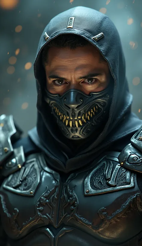 Here is a detailed prompt to generate an image ** super realistic** by Jake Gyllenhaal as **Smoke**, focused on **upper body**, with a shiny metallic outfit and impactful details, and a striking background: --- **"Close-up hiper-realista by Jake Gyllenhaal...