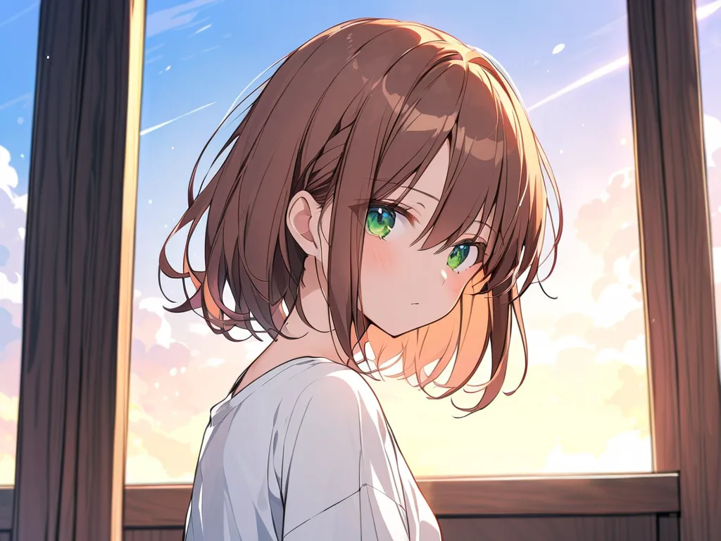 nsfw,brown hair, green eyes,bob cut,top quality, ultra detail, illustration for both eyes,illustration for both eyesレーター,((upper body)),score_9, score_8_up, score_7_up,(クリアーラインillustration for both eyes:1.2) 1 girl, young,((Age 15)),((is standing)),facing ...