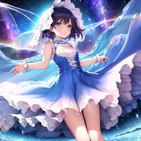 abusseur dress, high resolution, (Official Art, beautiful and artistic:1.2), (Shortsighted:1.15), (1 girl,  Lantern,  medium hair, blue eyes, bright eyes,  long white dress, Blue frills,:1.2) blue sky, Shining Galaxy, ( Salar de Uyuni :1.2), (Fractal Art:0...